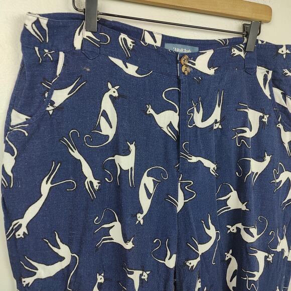 Modcloth Cat Print Trouser Pants Womens 18 Navy Blue Pleated Lightweight Retro - Picture 2 of 10